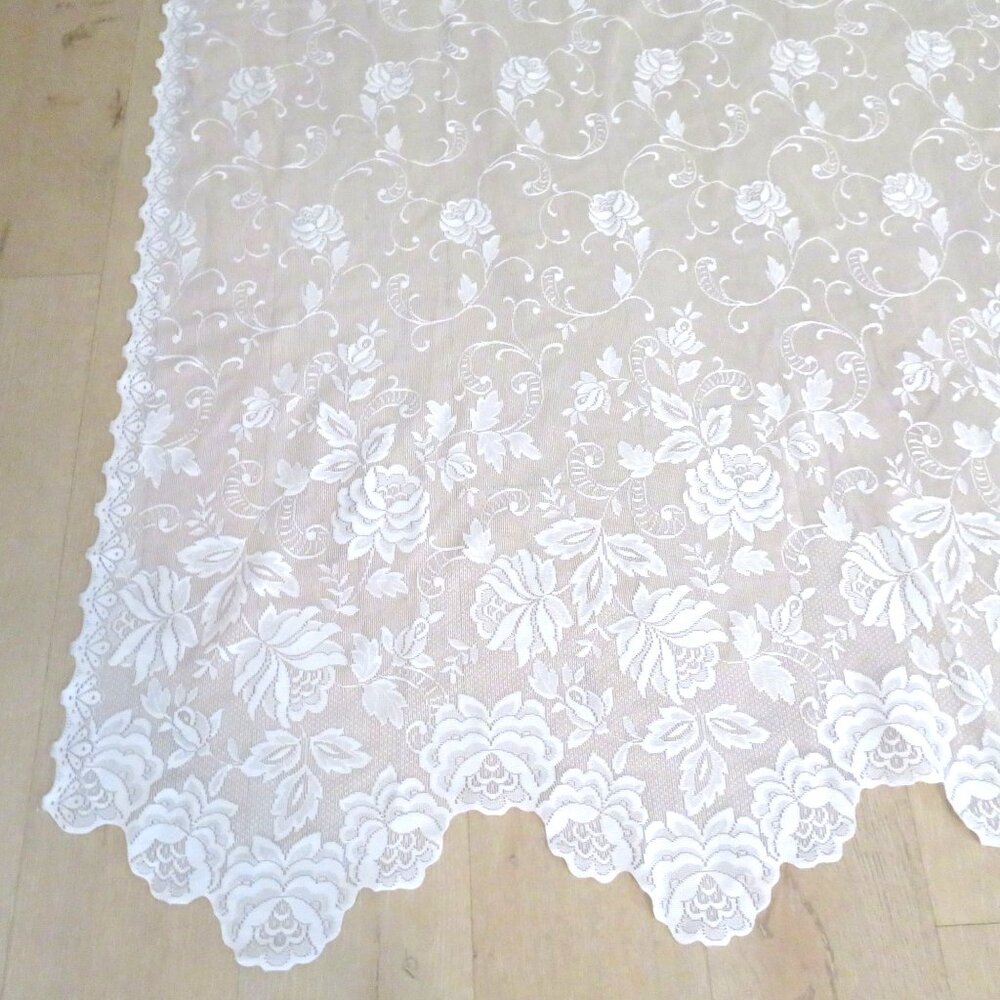 White Floral Lace Panel Curtain Drape Set of 2 Scalloped Edges 50" W X 80" L